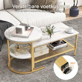 Set van 2 Bijzettafels - Salontafel met Marmerprint en Gouden Metalen Frame - Ronde Bijzettafel (52x52x51 cm) en Rechthoekige Salontafel (80x46x41 cm) - Luxe en Functioneel - Voor Woonkamer, Slaapkamer en Kantoor