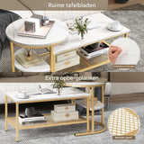 Set van 2 Bijzettafels - Salontafel met Marmerprint en Gouden Metalen Frame - Ronde Bijzettafel (52x52x51 cm) en Rechthoekige Salontafel (80x46x41 cm) - Luxe en Functioneel - Voor Woonkamer, Slaapkamer en Kantoor