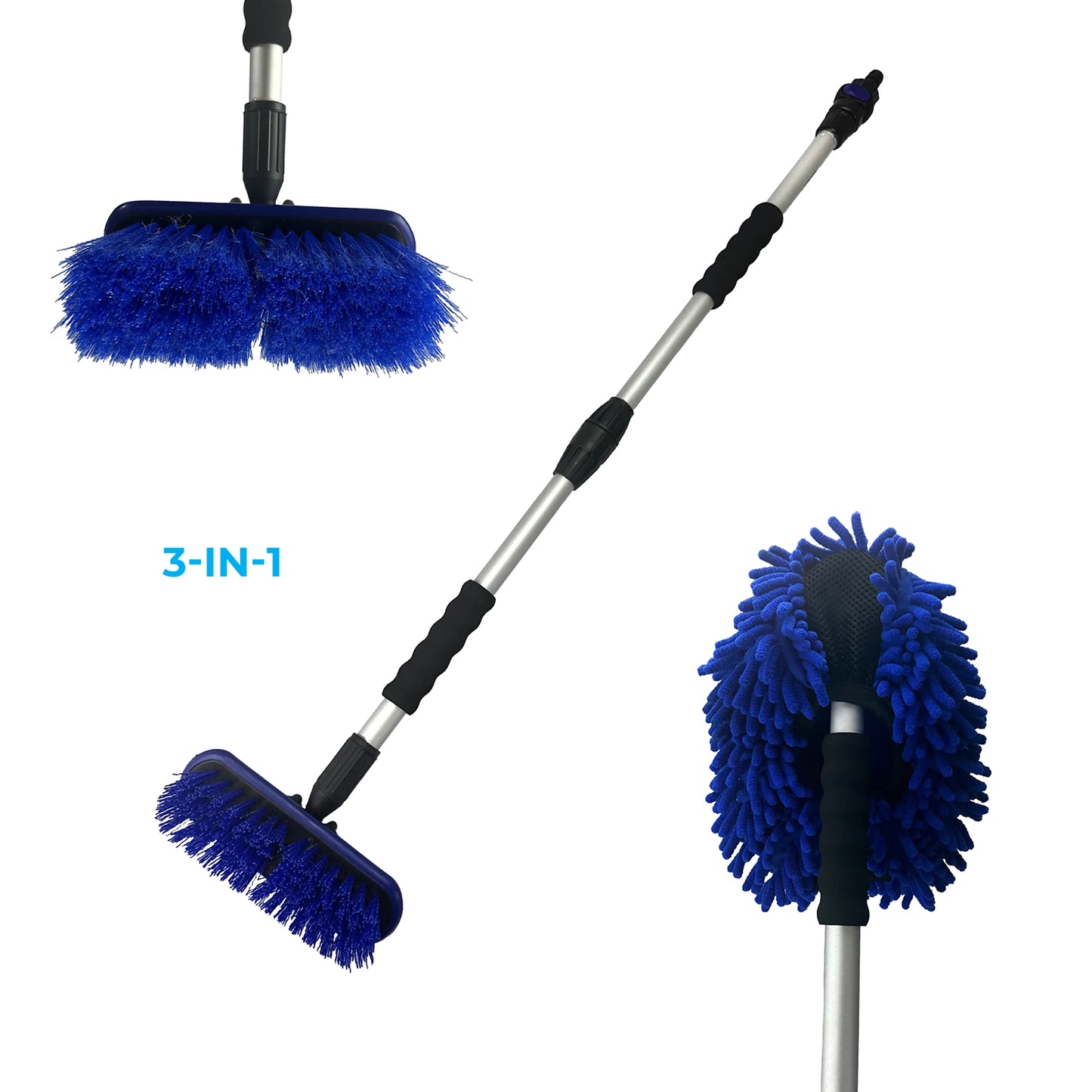 3-in-1 telescopische wasborstel set – uitschuifbare steel 163 cm – waterborstel met tuinslang aansluiting – zachte en harde borstel + chenille mop – schoonmaakset voor auto, ramen, terras en boot – waterbezem met aan/uit knop
