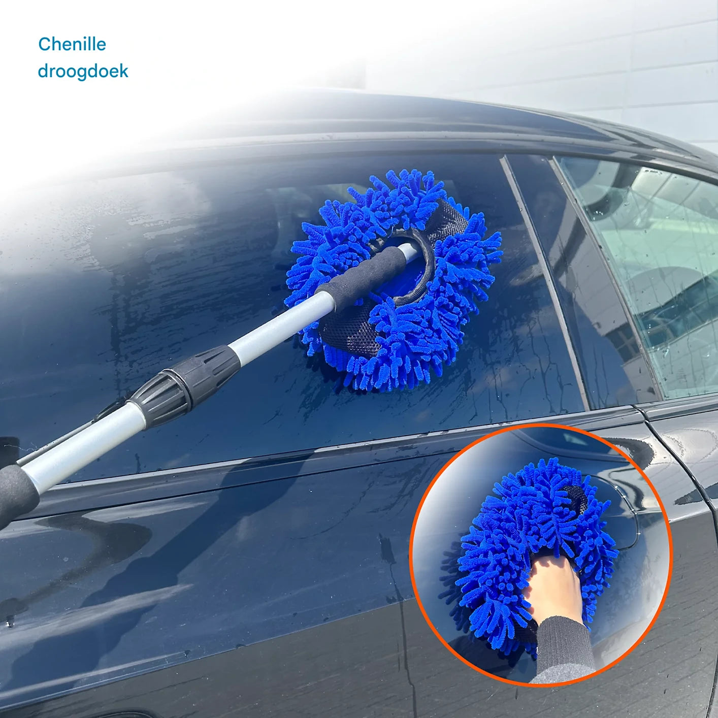 3-in-1 telescopische wasborstel set – uitschuifbare steel 163 cm – waterborstel met tuinslang aansluiting – zachte en harde borstel + chenille mop – schoonmaakset voor auto, ramen, terras en boot – waterbezem met aan/uit knop