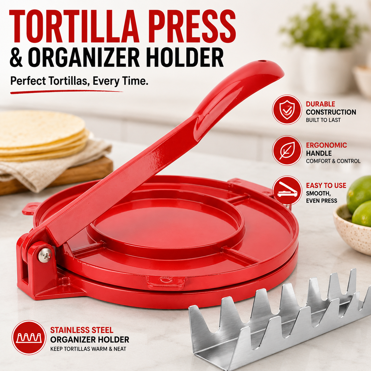 Grill Guru Tortilla Set - Tortilla Pers 24cm - Taco Pers - Wrap Pers - Flatbread Maker - Roti Pers met Tacohouder - Aluminium Keukenpers voor Tortilla’s, Wraps, Taco’s en Flatbreads - Inclusief Taco Houder