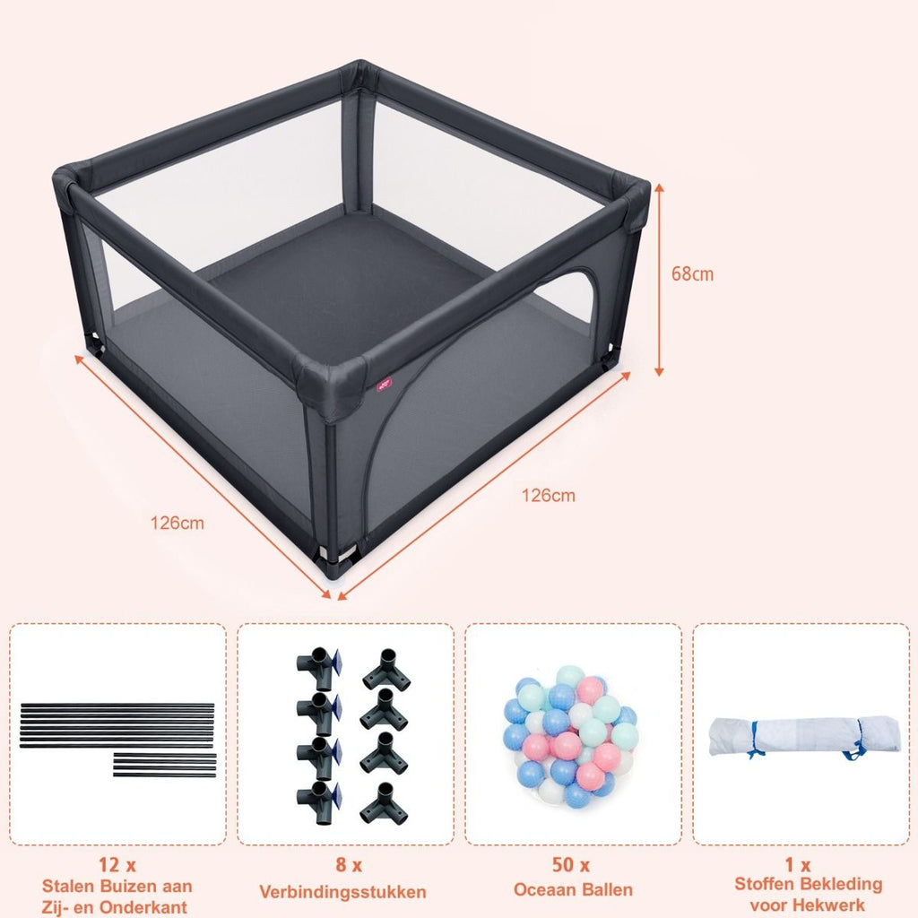 Babybox - Grondbox - Speelbox - Kinderbox - 126x126x68cm - Inclusief 50 Speelballen - Donkergrijs - Ademende Mesh Wanden - Veilige Speelruimte voor Baby’s en Peuters - Opvouwbare Speelomheining voor Binnengebruik