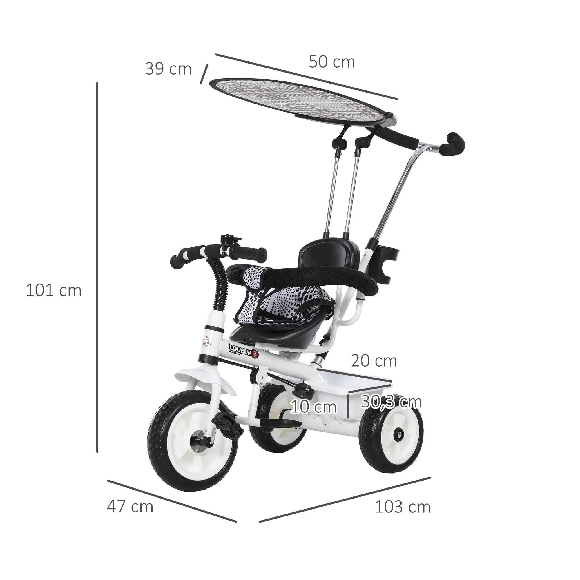 Kinder Driewieler – Met Duwstang – 3 Wielen – Met Bel en Zonnescherm – Verstelbare Ouderhandgreep – Met Opslagmand – Geschikt vanaf 18 Maanden – Stevig Metalen Frame – Max. 25 kg – Wit/Zwart