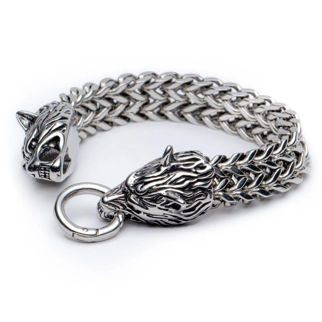 Heren Armband – Wolfskop Cuff – Geri en Freki Viking Stijl – Massief Roestvrij Staal – Punk Biker Design – 12 mm Breed – Verkrijgbaar in 19 cm, 21 cm, 23 cm – Hypoallergeen en Handgemaakt – Odin Viking Amulet Sieraad