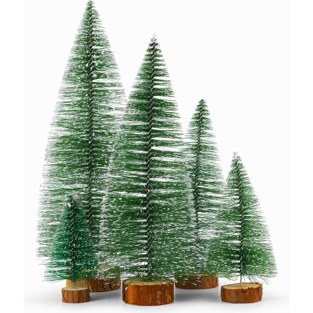 5 Stuks - Mini Frosted Denne bomen - Met Houten Basis - Mini Kunststof Kerstboom - Miniatuur Kerstbomen - Kerst Ornamenten - Tafelblad Bomen - Kerst Decoratie -