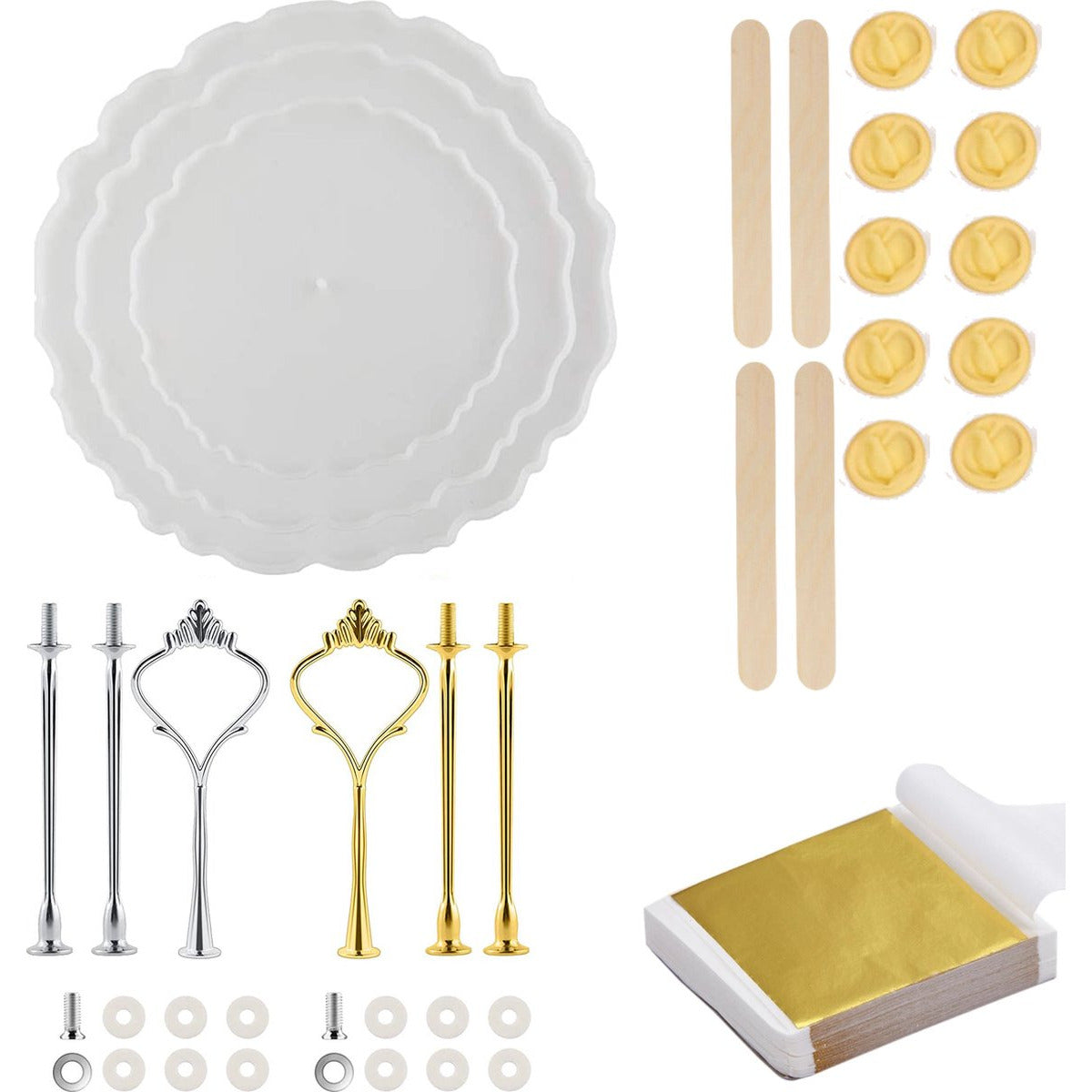 2 Stuks - Complete 3-Laags Taartstandaard Hars Mallen Set - Inclusief 3 Ronde Siliconen Mallen, Gouden en Zilveren Beugels, Gouden Folies, Vingerhoedjes en Roerstaafjes - Resin Etagère