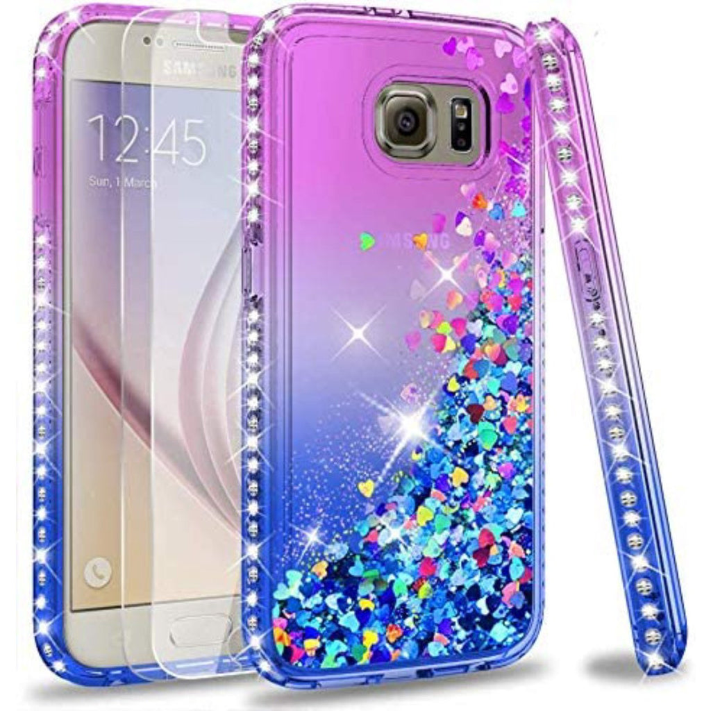 Bewegende - 3D Glitter Hoesje en Schermbeschermer Pakket - Geschikt Voor Galaxy S6 - Hoesje met Gehard Glas - Stuks Gehard Glas - Bewegende Vloeibare Siliconengel - Transparant - Schokbestendig - Cover - Paars