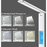 Smart LED Bureaulamp Met LCD Scherm - Natuurlijk Wit Tot Warm Wit Licht - Oog Beschermend - 3 Kleur Modus - 3 Helderheid niveau's - Ingebouwde Nood Accu - Verstelbaar - USB Stekker - Mobiel Houder - Wit