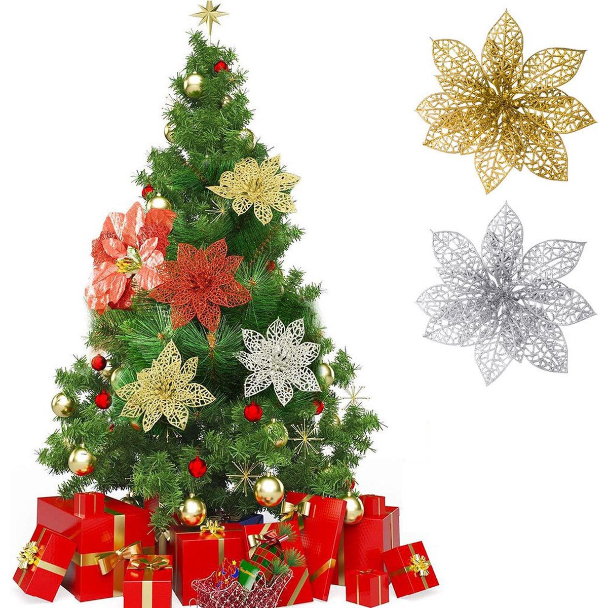 10 Stuks - Kunstmatige Glitter Bloemen - Decoratieve Poinsettia Bloemen - Kerstboom Ornamenten - 15 cm - Zilver / Goud