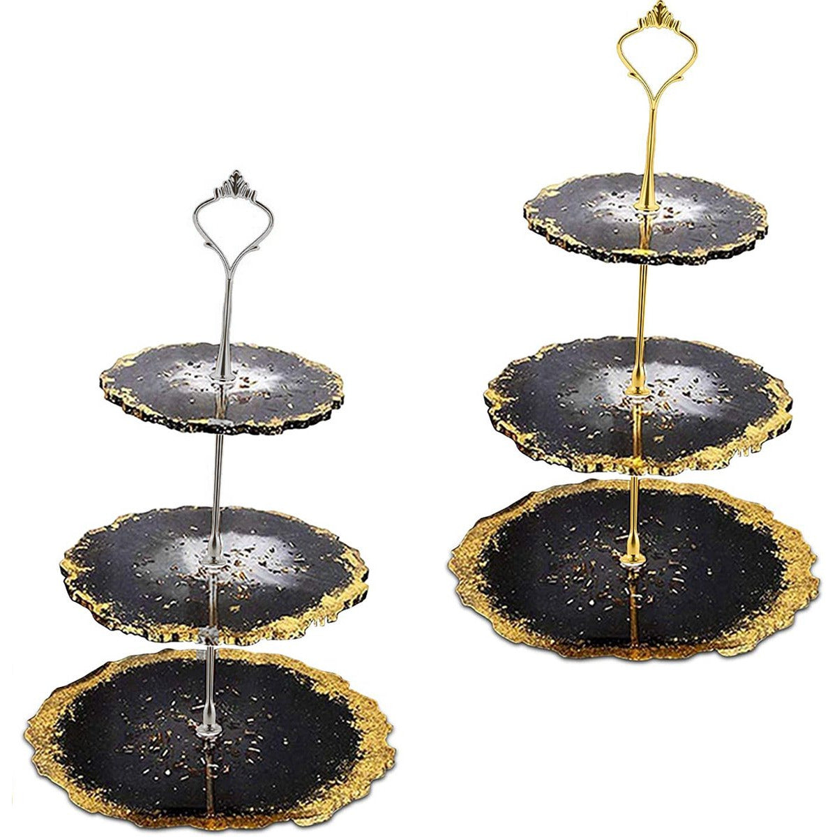 2 Stuks - Complete 3-Laags Taartstandaard Hars Mallen Set - Inclusief 3 Ronde Siliconen Mallen, Gouden en Zilveren Beugels, Gouden Folies, Vingerhoedjes en Roerstaafjes - Resin Etagère