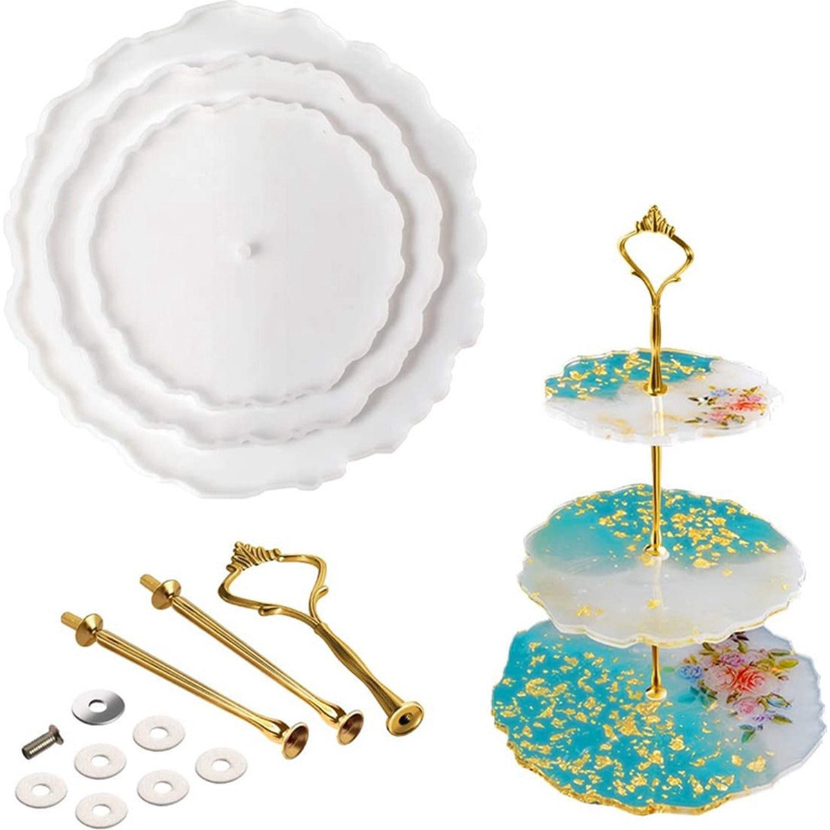 2 Stuks - Complete 3-Laags Taartstandaard Hars Mallen Set - Inclusief 3 Ronde Siliconen Mallen, Gouden en Zilveren Beugels, Gouden Folies, Vingerhoedjes en Roerstaafjes - Resin Etagère
