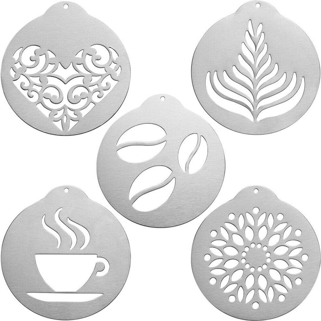 5 Stuks - RVS Coffee Stencils - Koffie Sjablonen - Cappuccino Vormen - Staal