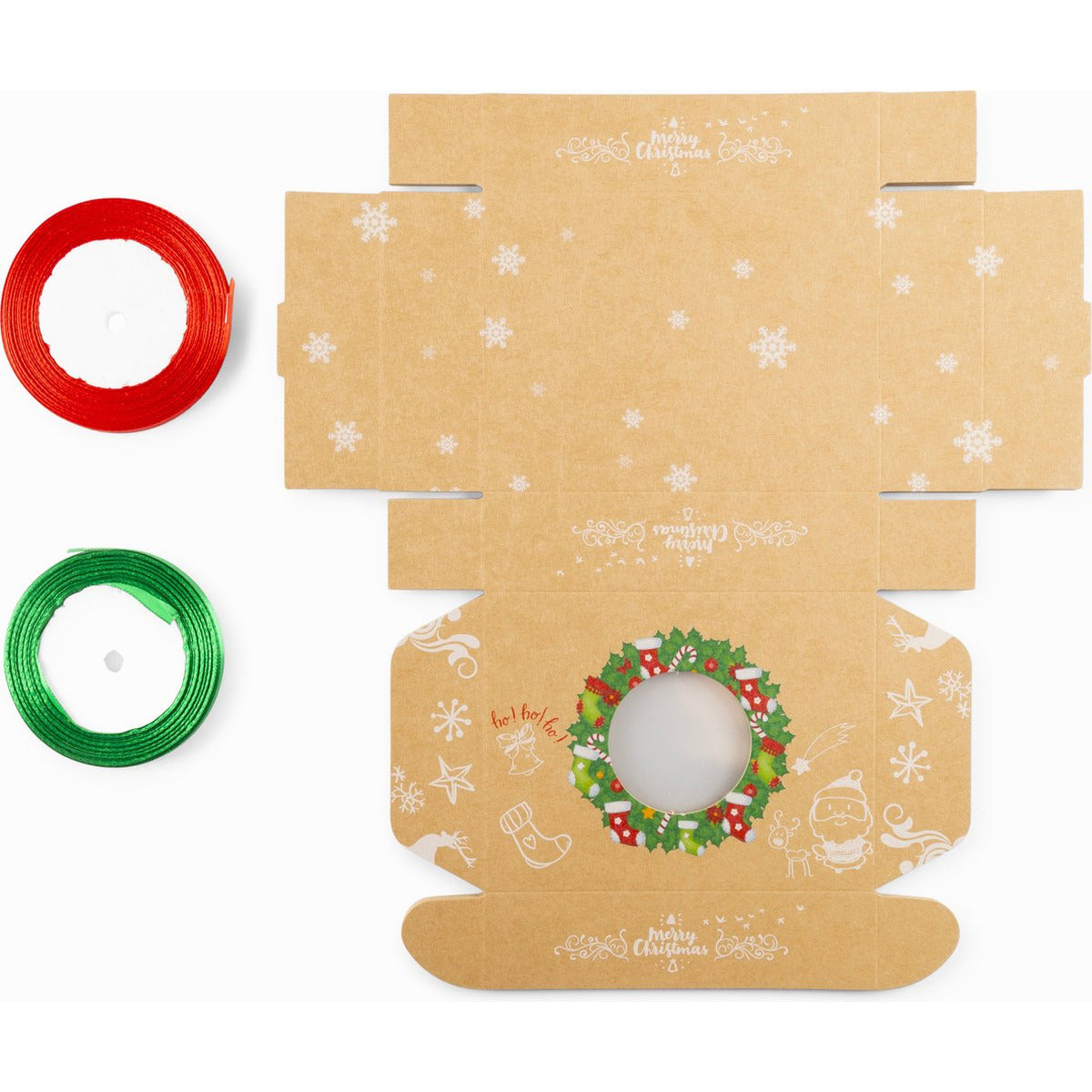 12 Stuks - Gebak Doosjes - Met Rood En Groen Lint - Kerst Koekjes Dozen - Kerstkoekjes Geschenkdozen - Gebak Kerstcadeau Doosjes - Kraft Papier Voedsel Dozen - Bedrukte Dozen Met Doorzichtig Venster - Herbruikbaar