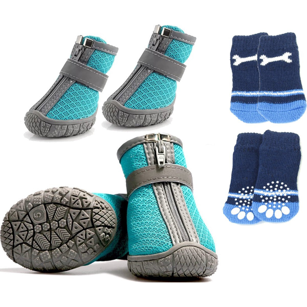 4 + 4 Stuks - Hondenschoenen En Hondensokken Set - Hondenlaarzen Met Rits En Bandje - Pootbeschermer - Puppy Slofjes - Antislip - Ademend Met Reflecterende Bandjes - Inclusief Bijpassende Honden Sokken - Maat 5 - XXL - Blauw