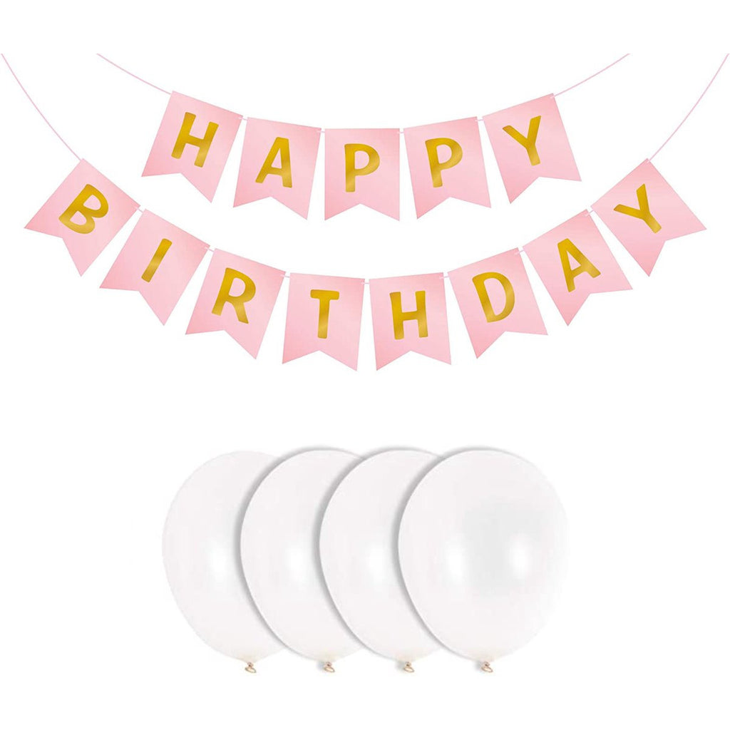 Happy Birthday Feest Pakket - Met Banner En Ballonnen - Verjaardag Garland - Feestdecoraties - Inclusief 5 Ballonnen En Lint - Roze