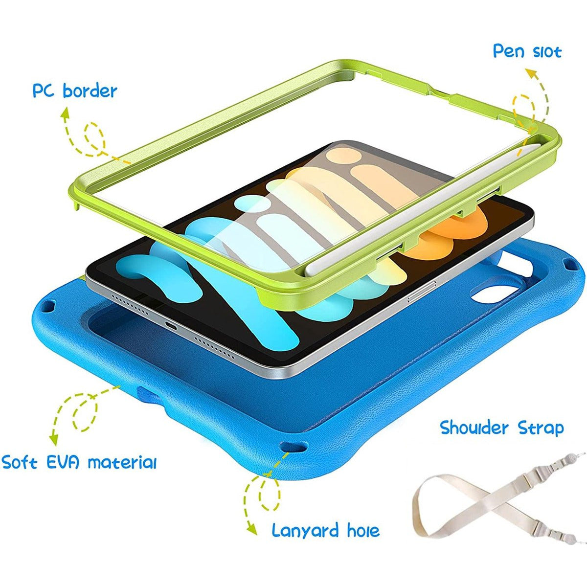 iPad Mini 6 Hoes – siliconen kinder case – schokbestendige tablethoes – iPad Mini 6e generatie model A2568 A2569 – met ingebouwde schermbeschermer – potloodhouder – verstelbare draagriem – standaard – kindvriendelijke beschermhoes – 2021 cover