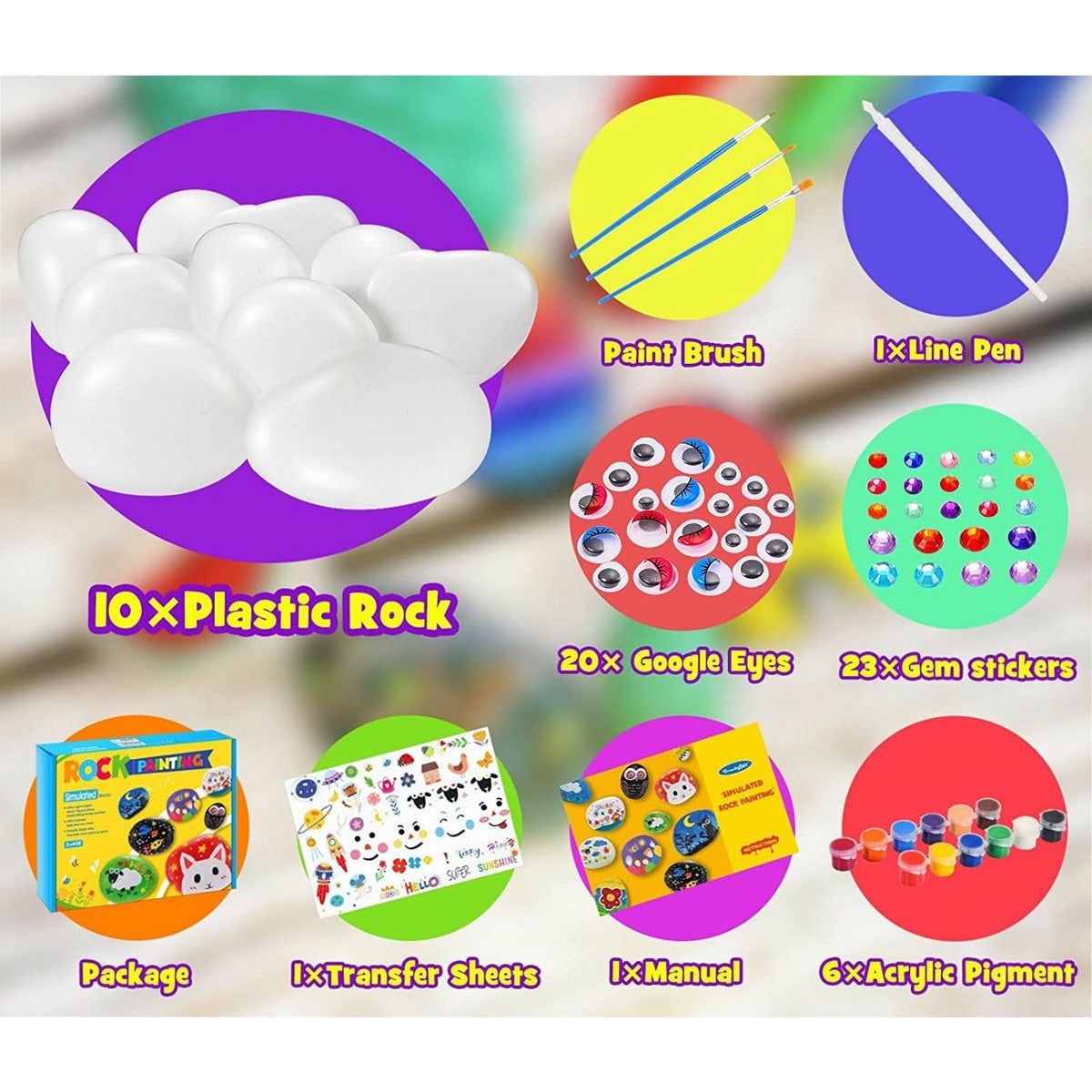 24-Delige Schilder Set – Stenen Beschilderen Voor Kinderen – Inclusief 10 Gladde Kunststenen – 12 Verfkleuren – 3 Kwasten – Oogstickers – Diamantstickers – Overbrengstickers – Tekenpen – Creatief DIY Knutselpakket