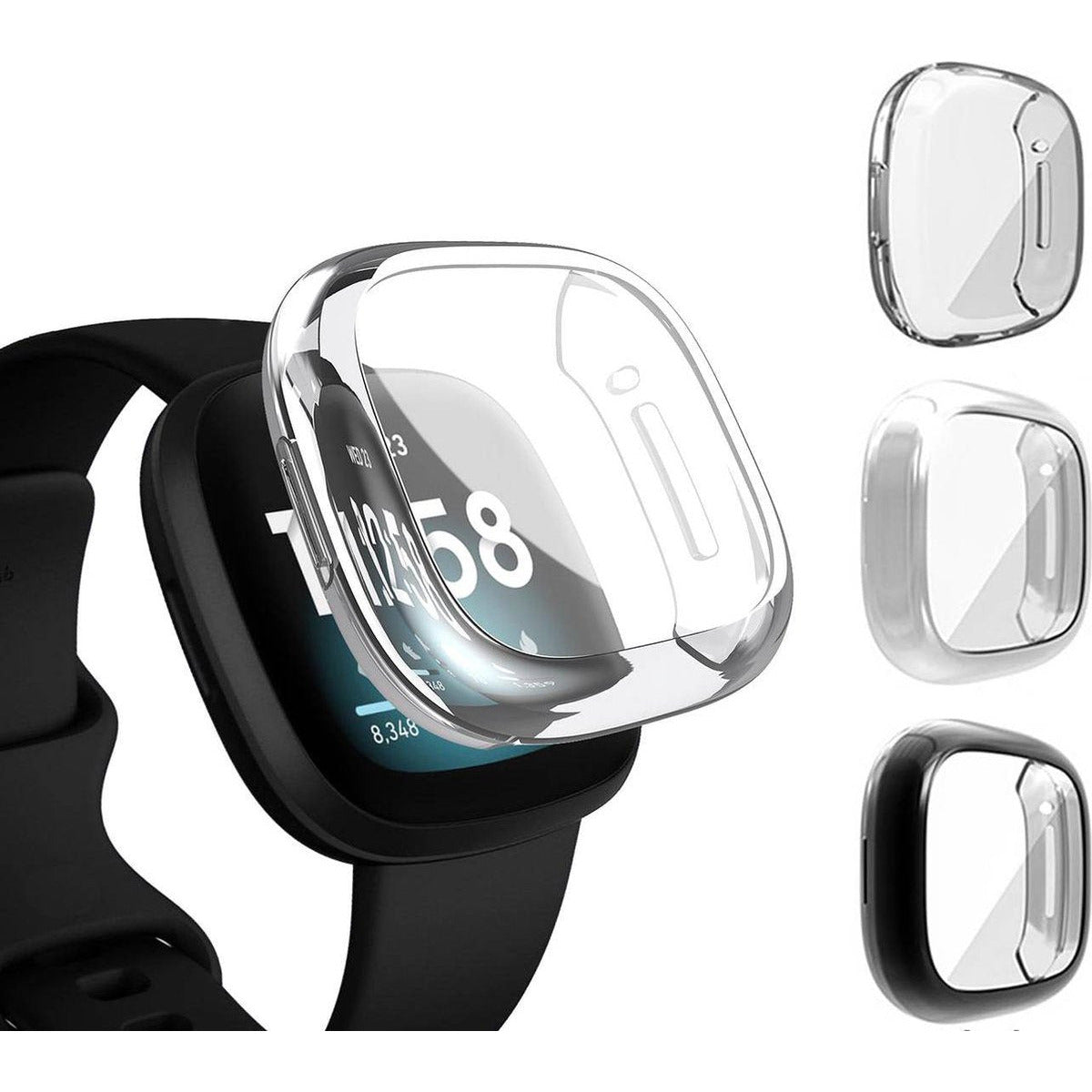 3 Stuks - Smart Watch Hoesjes - Geschikt Voor Fitbit Sense / Fitbit Versa 3 - Full Cover Tpu Beschermhoes - Fitness Tracker Bumper - Smartwatch Schermbeschermer - Fitness Tracker Hoesje - Lichtgewicht - Zwart / Zilver / Transparant