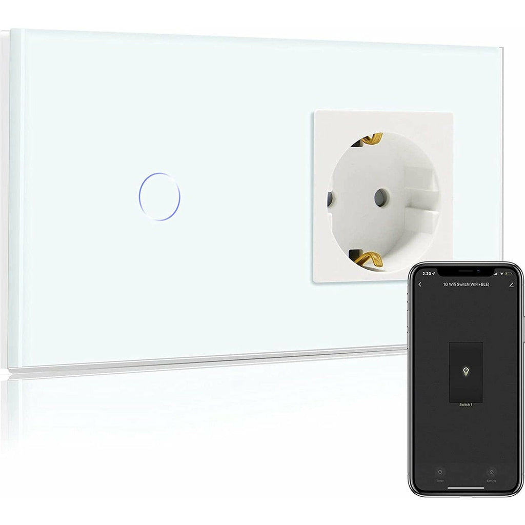 Bseed | stopcontact met wifi-lichtschakelaar | 1-voudige smart touch-schakelaar | werkt met Alexa/Google Home, Smart Life App | met glazen paneel en status-led | (neutrale geleider/ nuldraad is nodig)