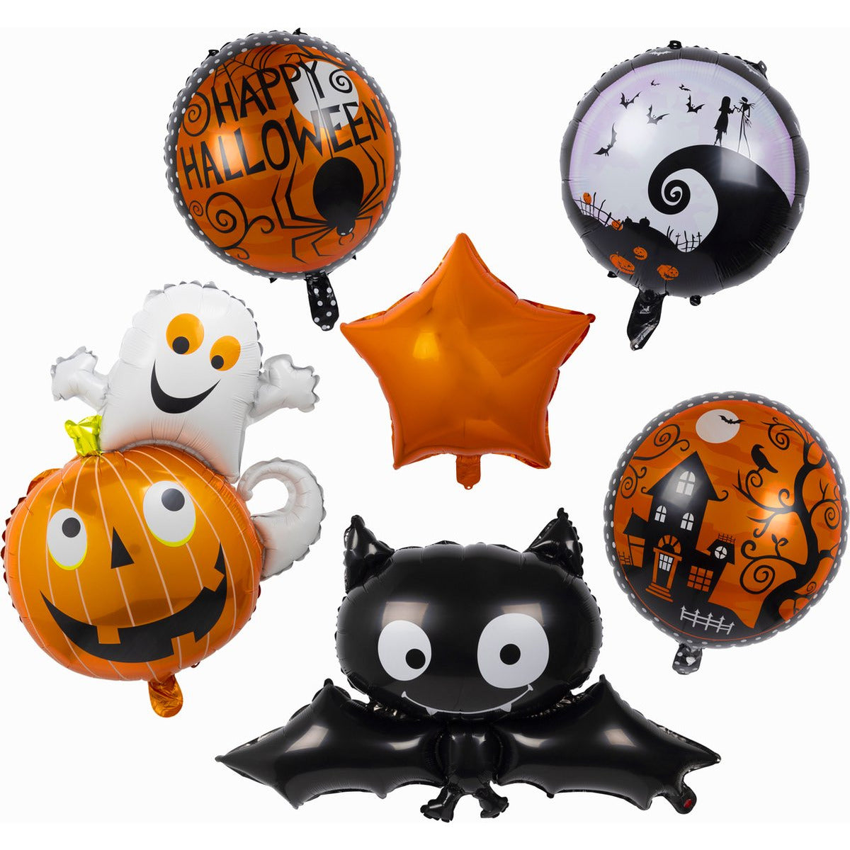 10 Stuks Halloween Ballonnen Set – Herbruikbare Folieballonnen – Inclusief Pomp – Spook-Pompoen Ballon – Vleermuis Ballon – Oranje Ster Ballonnen – Halloween Decoratie Ballonenset – Met Plakband – 6 Verschillende Designs