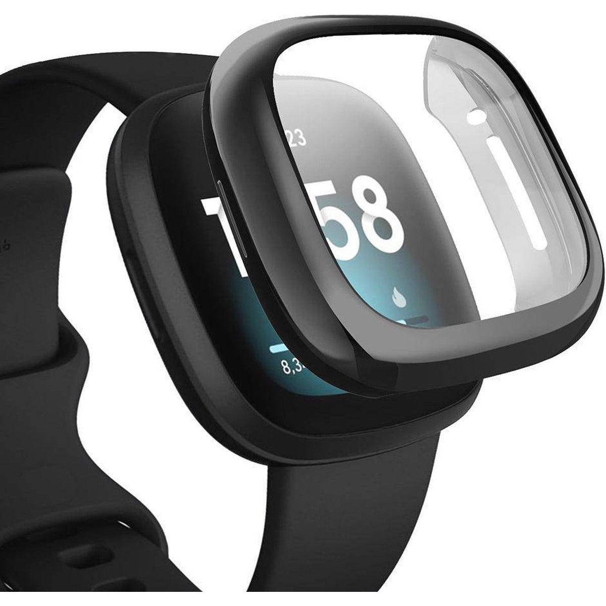 3 Stuks - Smart Watch Hoesjes - Geschikt Voor Fitbit Sense / Fitbit Versa 3 - Full Cover Tpu Beschermhoes - Fitness Tracker Bumper - Smartwatch Schermbeschermer - Fitness Tracker Hoesje - Lichtgewicht - Zwart / Zilver / Transparant