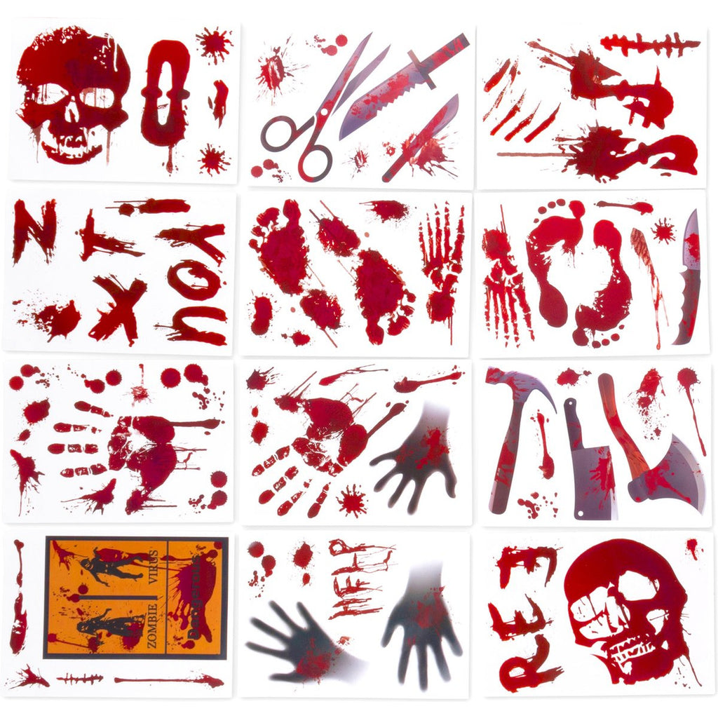 12 Vellen - Bloedige Halloween Raam Stickers - Halloween Versieringen - Raamstickers - Horror Decoratie - Spookhuisdecoratie - Rood - 30cm x 40cm - 150 Stickers