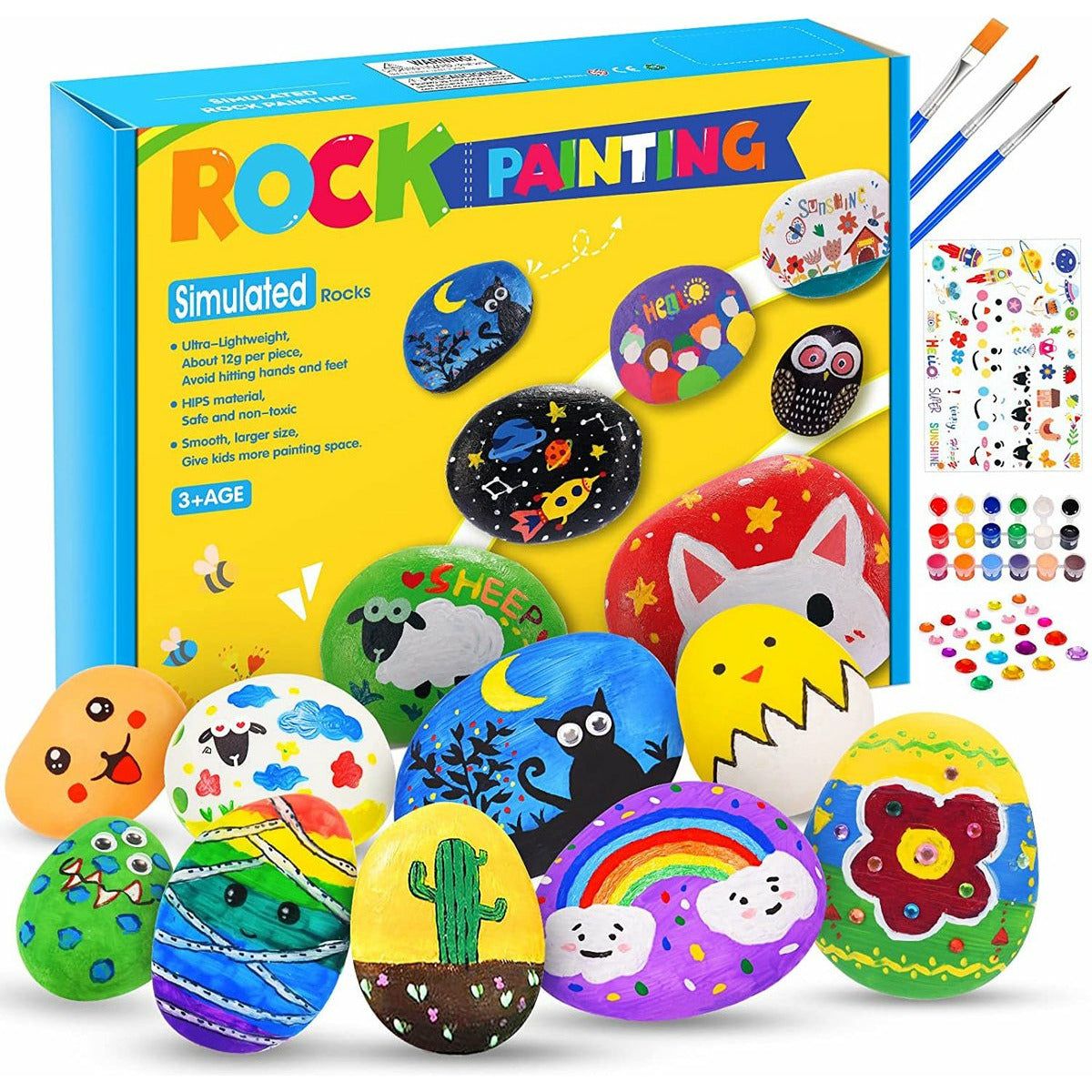 24-Delige Schilder Set – Stenen Beschilderen Voor Kinderen – Inclusief 10 Gladde Kunststenen – 12 Verfkleuren – 3 Kwasten – Oogstickers – Diamantstickers – Overbrengstickers – Tekenpen – Creatief DIY Knutselpakket