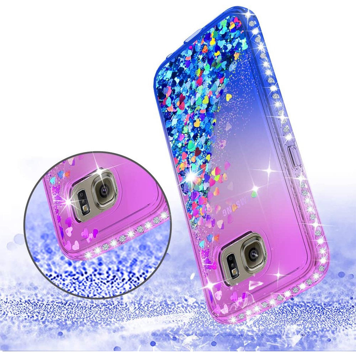 Samsung Galaxy S6 hoesje – glitter telefoonhoes met diamantverloop – dubbellaagse bescherming – TPU siliconen + harde PC case – vloeibare bling hoes – anti-val & krasbestendig – incl. 2x gehard glas screenprotector – hoes met luchtkussenranden
