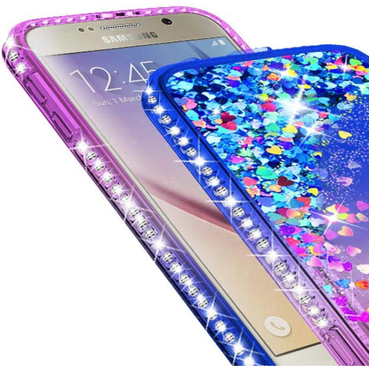 Samsung Galaxy S6 hoesje – glitter telefoonhoes met diamantverloop – dubbellaagse bescherming – TPU siliconen + harde PC case – vloeibare bling hoes – anti-val &amp; krasbestendig – incl. 2x gehard glas screenprotector – hoes met luchtkussenranden