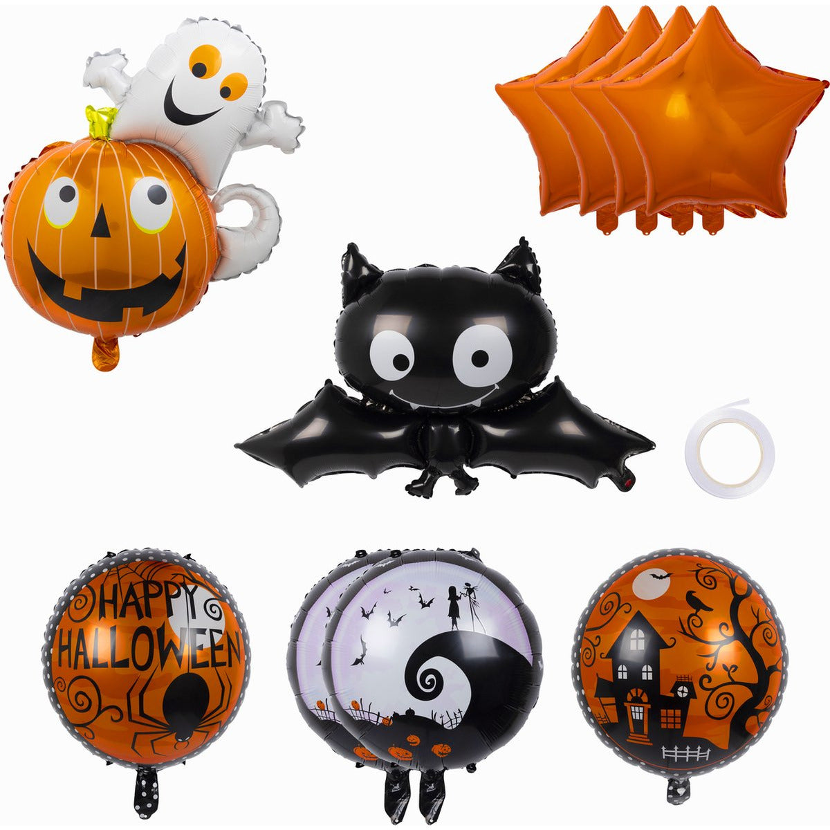 10 Stuks Halloween Ballonnen Set – Herbruikbare Folieballonnen – Inclusief Pomp – Spook-Pompoen Ballon – Vleermuis Ballon – Oranje Ster Ballonnen – Halloween Decoratie Ballonenset – Met Plakband – 6 Verschillende Designs