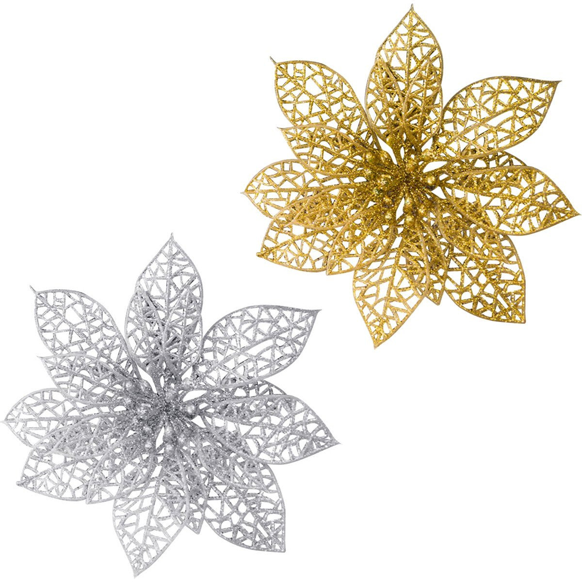 10 Stuks - Kunstmatige Glitter Bloemen - Decoratieve Poinsettia Bloemen - Kerstboom Ornamenten - 15 cm - Zilver / Goud
