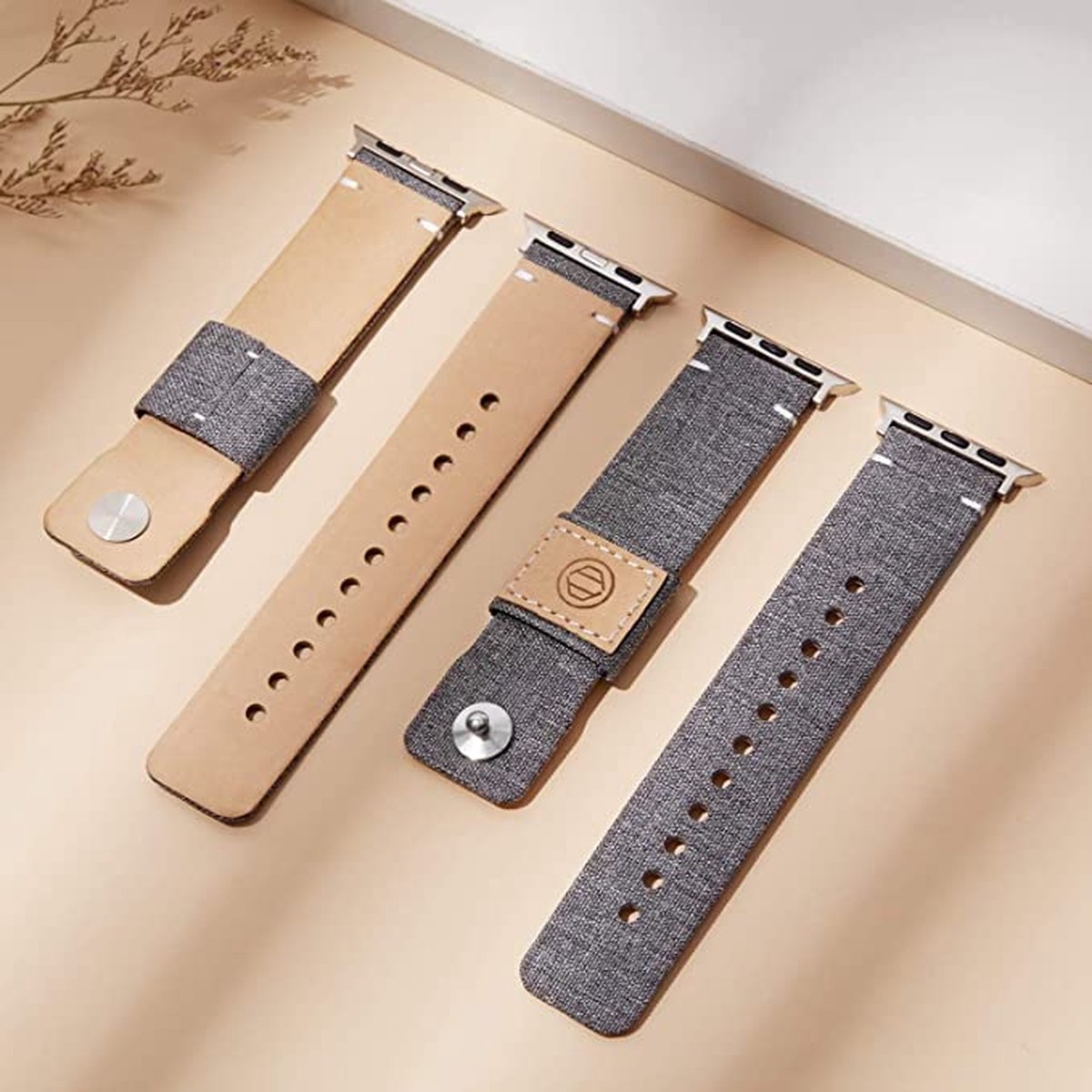 Gewoven Vervangende Band Geschikt voor Apple Watch - Nylon stof met Leren Voering en Kliksluiting - Geschikt voor Apple Watch 38mm - 40mm - Series 7/6/5/4/3/2/1 SE - Grijs - Unisex