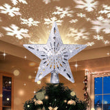 Kerstboomtopper Verlicht Met LED Sneeuwvlok Projector - Verlichte Sterboomtopper - Kerstboomversieringen - 3D Holle Zilveren Ster - Kerstster Projector - Zilver