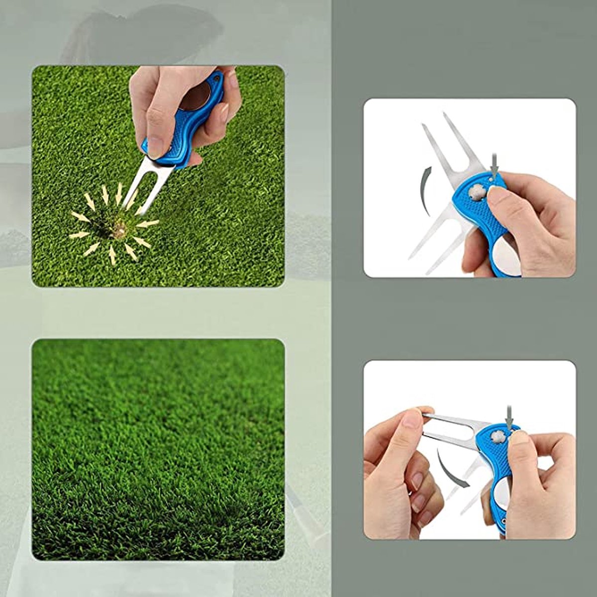 Golf Divot Repair Tool - RVS - Golf Pitchfork - Opvouwbaar - Lichtgewicht - Draagbaar - Antislip - Golf Putting Fork - voor Outdoor Golfbaan - Blauw