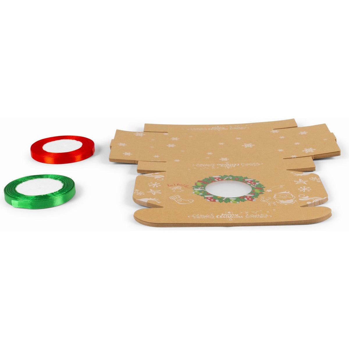 12 Stuks - Gebak Doosjes - Met Rood En Groen Lint - Kerst Koekjes Dozen - Kerstkoekjes Geschenkdozen - Gebak Kerstcadeau Doosjes - Kraft Papier Voedsel Dozen - Bedrukte Dozen Met Doorzichtig Venster - Herbruikbaar