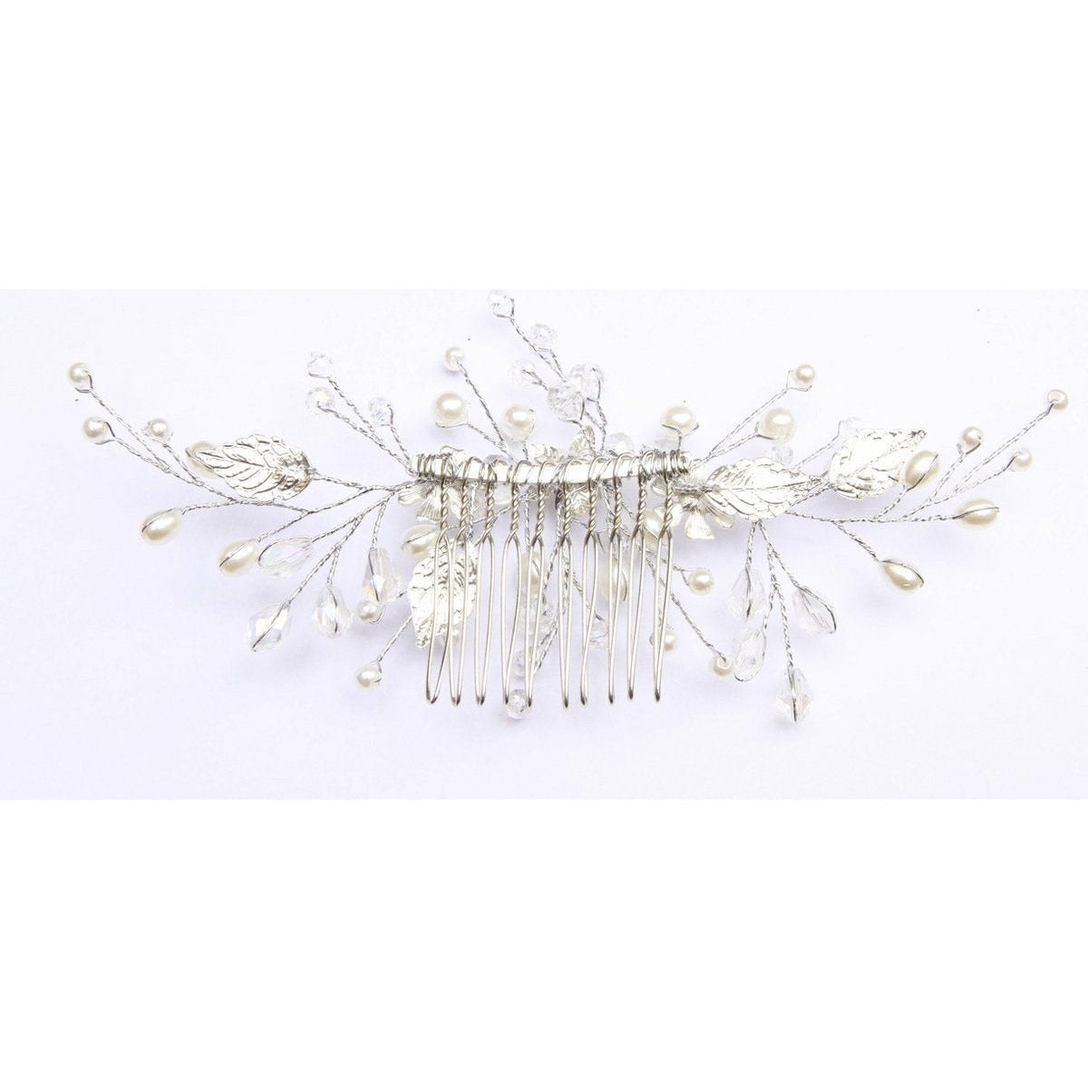 Elegante Zilverkleurige Haarschuifje met Blaadjes en Kraaltjes - Kristal Bloemen - Handgemaakte Haar Accessoires voor Dames