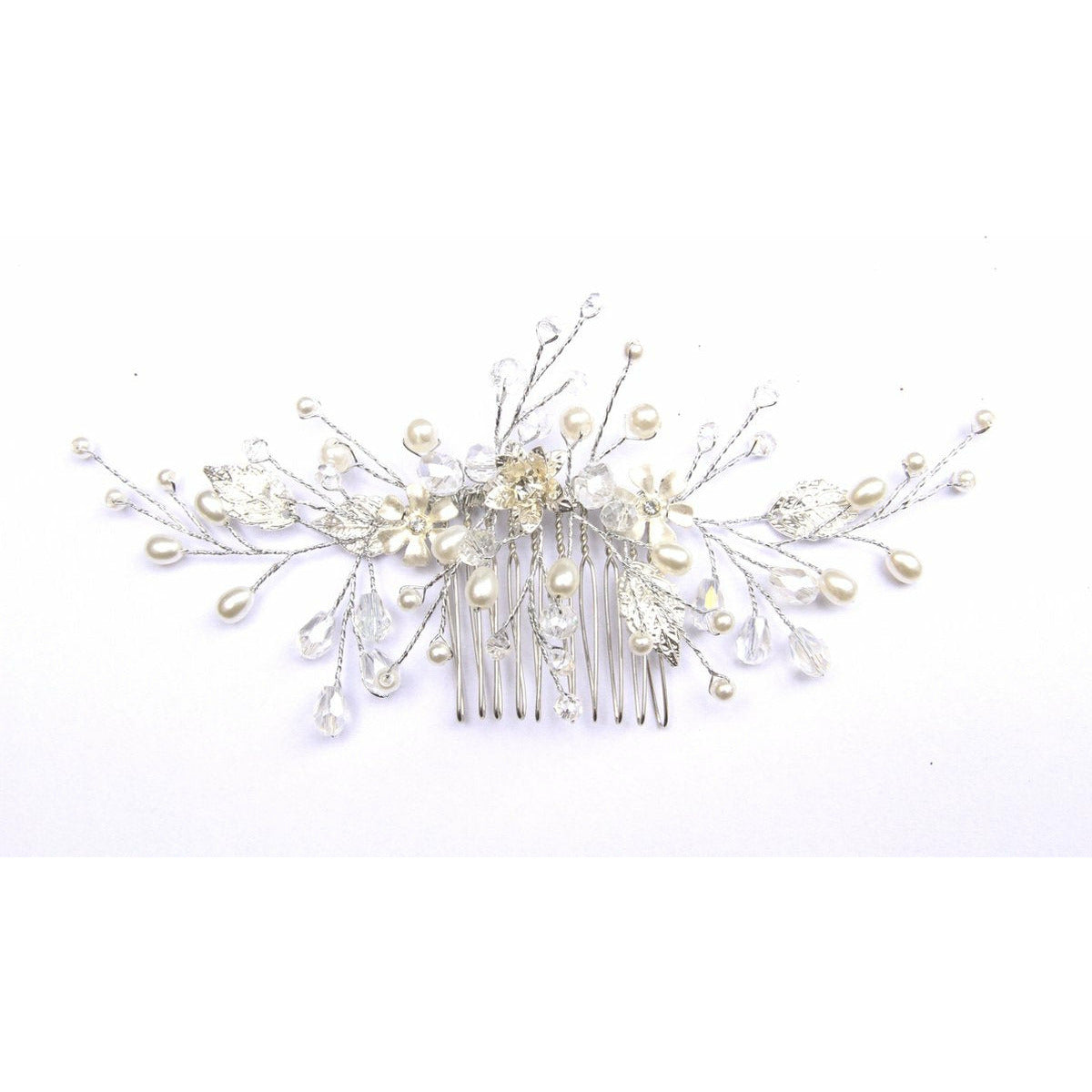 Elegante Zilverkleurige Haarschuifje met Blaadjes en Kraaltjes - Kristal Bloemen - Handgemaakte Haar Accessoires voor Dames