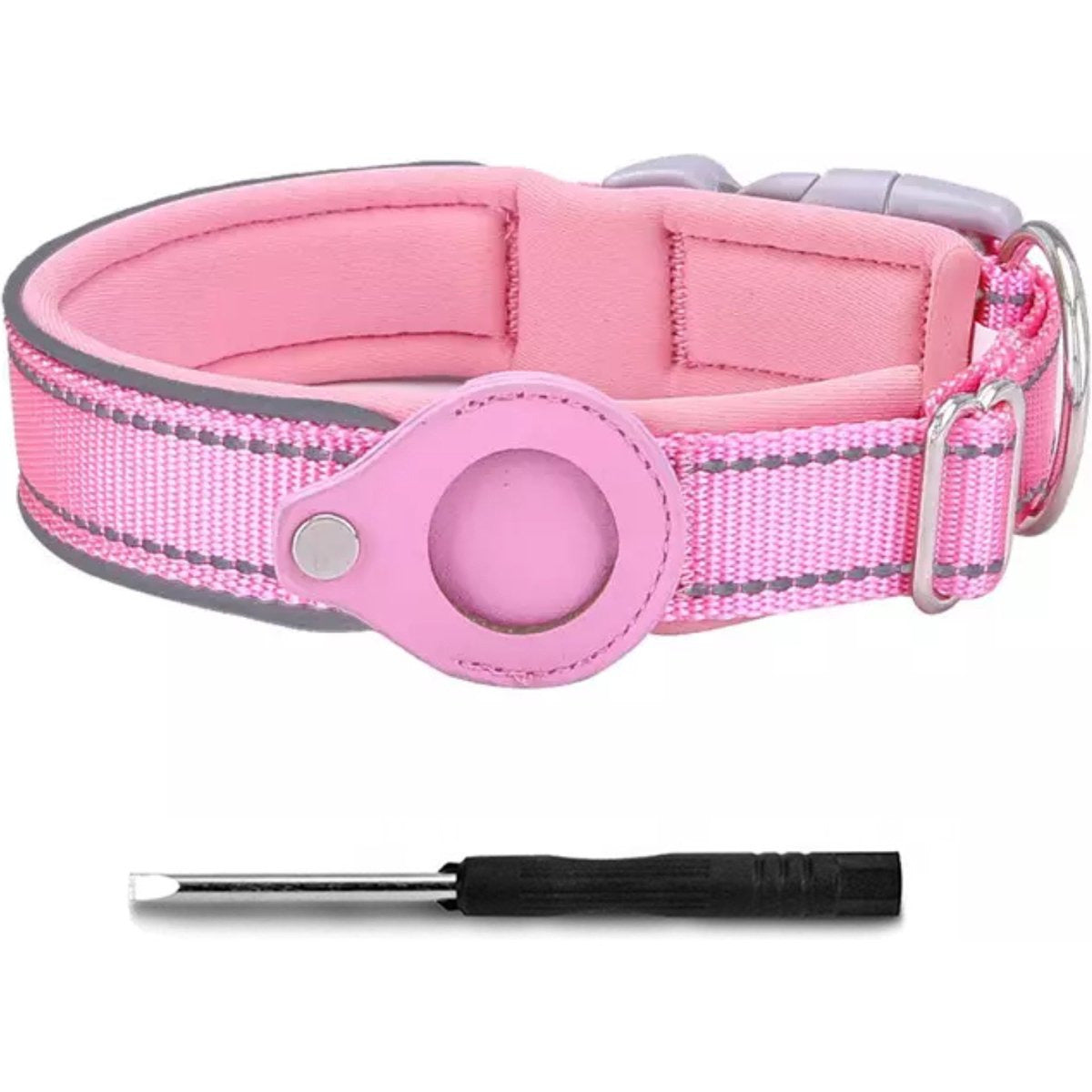 Reflecterende Tracking Halsband - Met Ingebouwde Tracker Houder - Geschikt Voor Apple Airtag - Gewatteerd - Reflecterend - Sterke Tracking Etui - Verstelbaar - Lichtgewicht Huisdierhalsband - Met Schroevendraaier - Anti- Kras - Maat L - Roze