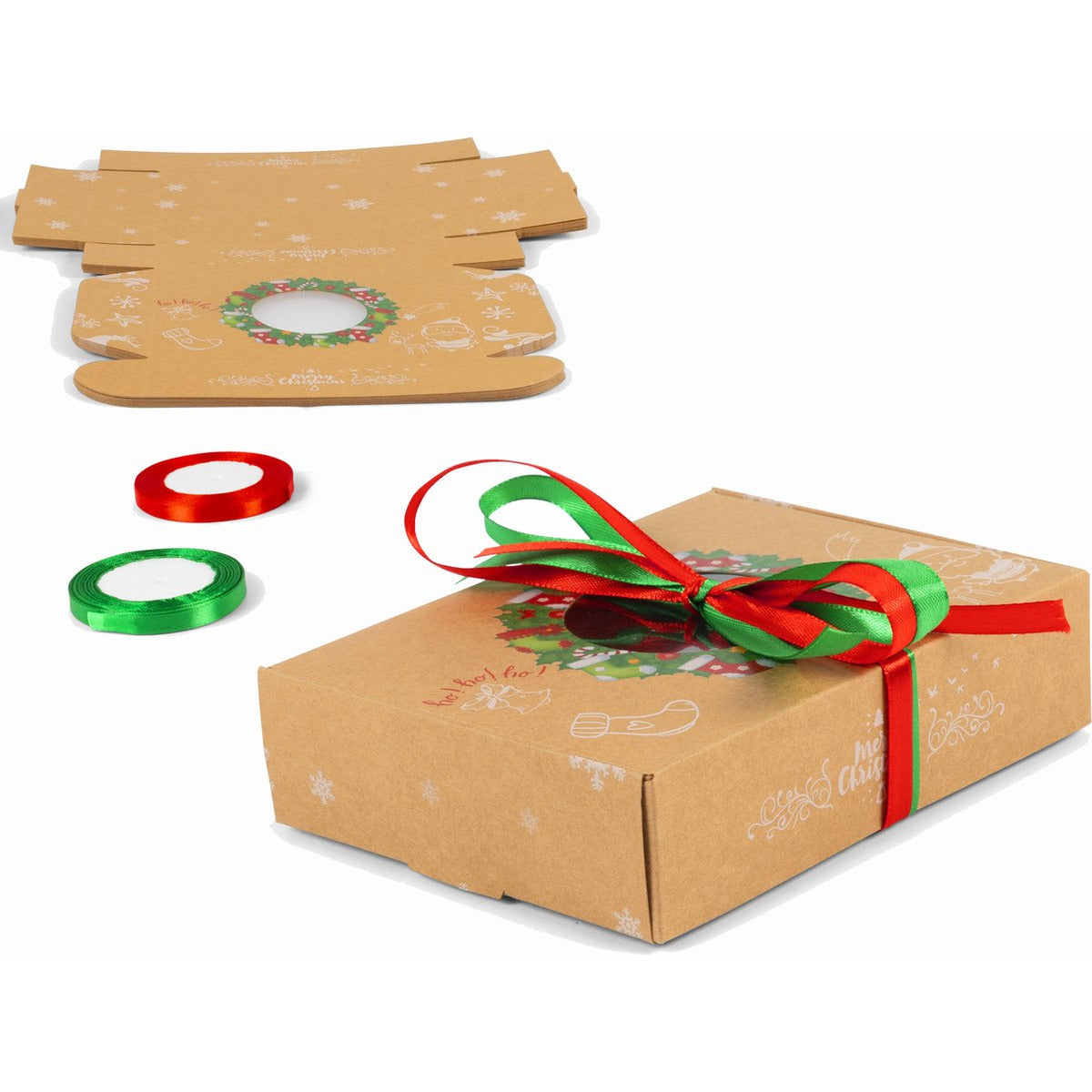 12 Stuks - Gebak Doosjes - Met Rood En Groen Lint - Kerst Koekjes Dozen - Kerstkoekjes Geschenkdozen - Gebak Kerstcadeau Doosjes - Kraft Papier Voedsel Dozen - Bedrukte Dozen Met Doorzichtig Venster - Herbruikbaar