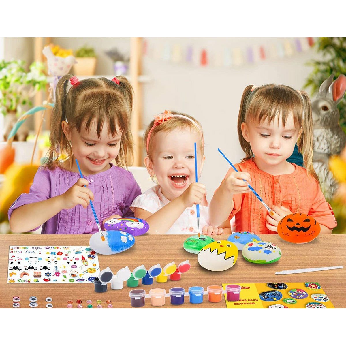24-Delige Schilder Set – Stenen Beschilderen Voor Kinderen – Inclusief 10 Gladde Kunststenen – 12 Verfkleuren – 3 Kwasten – Oogstickers – Diamantstickers – Overbrengstickers – Tekenpen – Creatief DIY Knutselpakket
