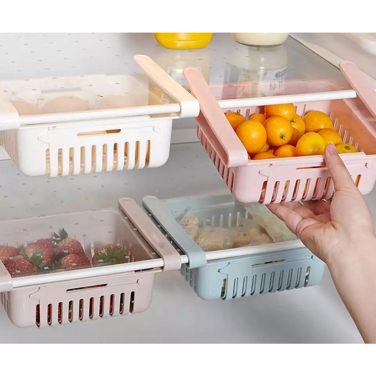 4 Stuks - Verstelbare Koelkast Lades - Uitschuifbare Opberg Manden - Koelkast Organizer - Kunststof - Inklapbare Koelkast Plank Mand - Wasbaar - 4 Kleuren