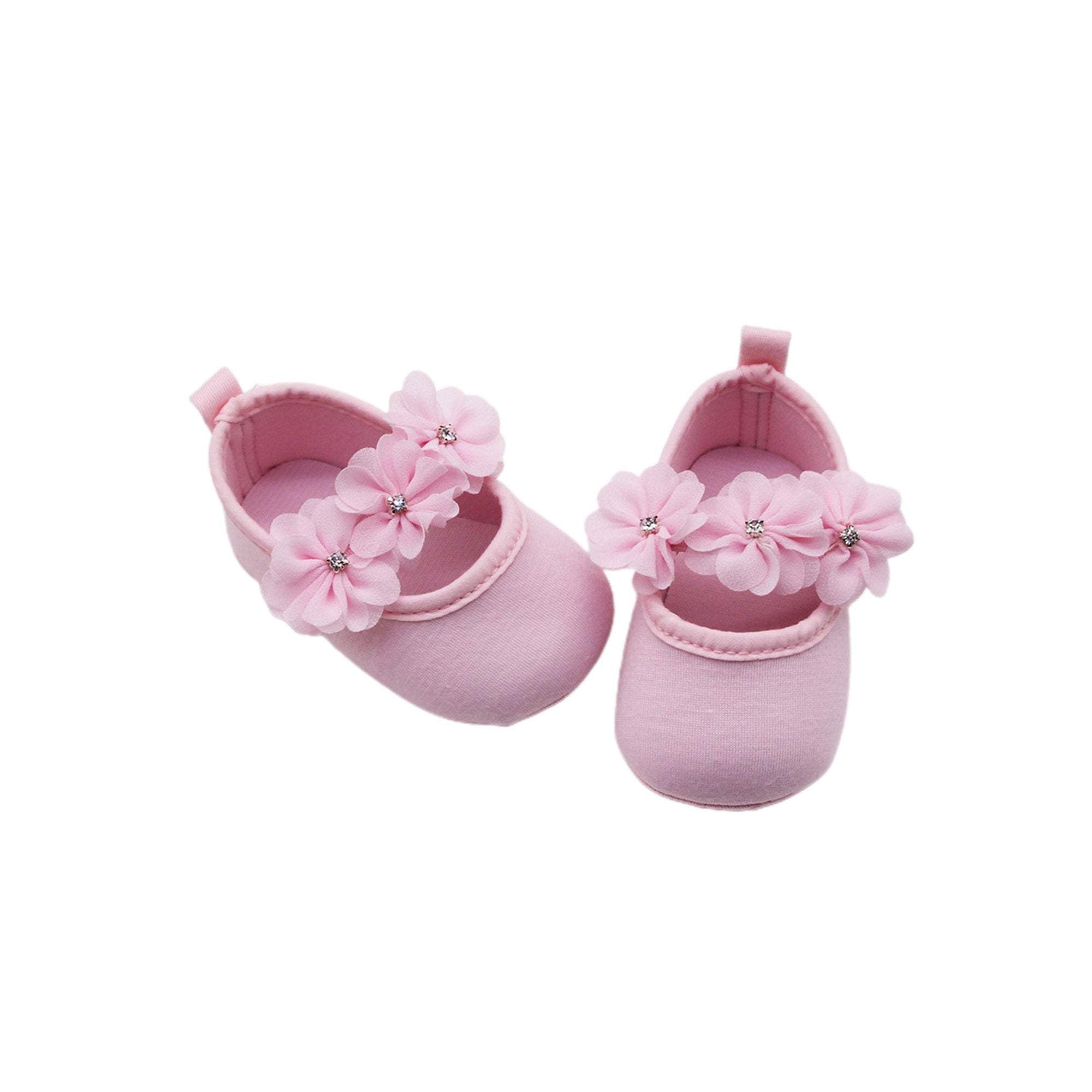 Katoenen Baby Schoenen - Maat 17 - Inclusief Hoofdband - Baby Slippers - Slofjes - Met anti- Slip Zool - Met Stoffen Bloemetjes - Ademend - Lichtgewicht - Roze