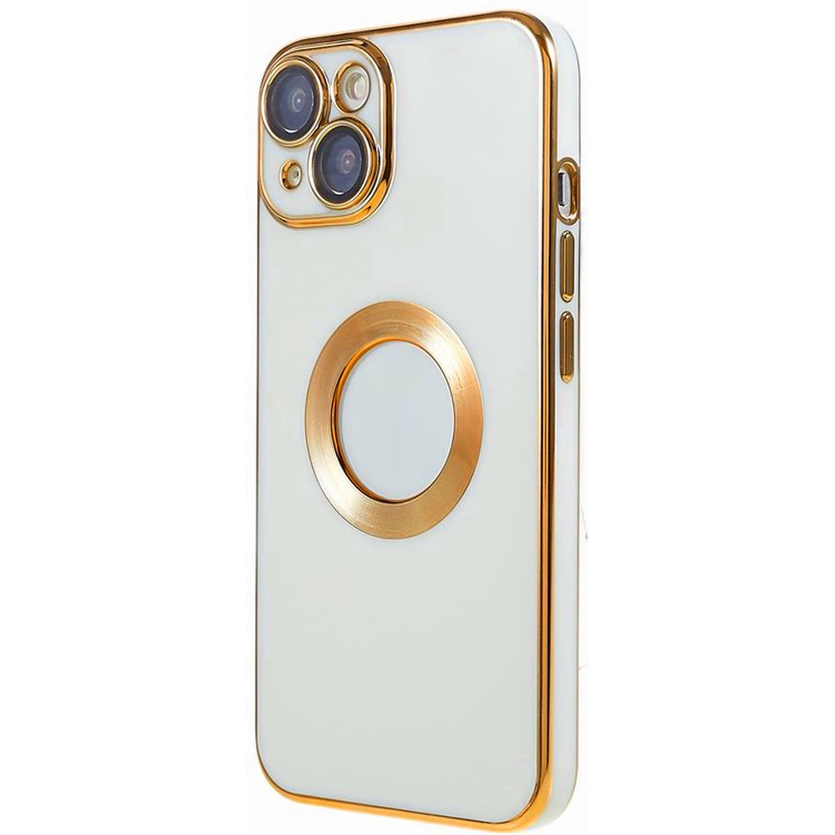 Back Cover Hoes - Geschikt Voor Apple iPhone 14 - Achterkant Hoesje met Zichtbaar Logo - Zachte Siliconen Hoes - Volledige Cameralens Bescherming - Telefoonhoesje - Flexibel - Unisex - Goudkleurig / Wit
