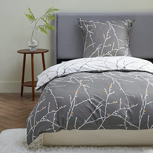 1 Persoons Dekbedovertrekset | Polyester Dekbedovertrek 135 x 200cm met Kussensloop 80x80cm | Grijze Takken