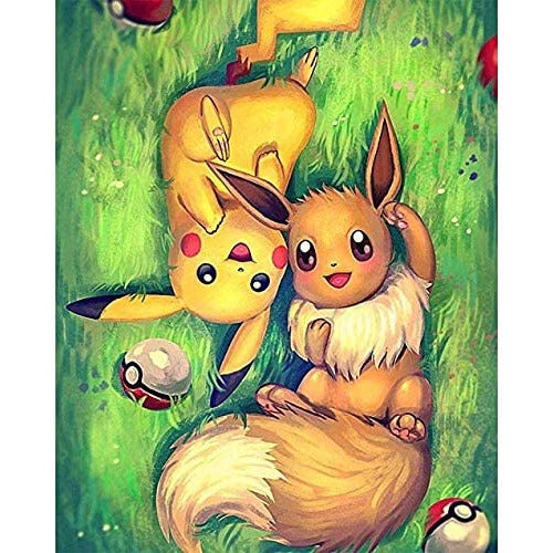 DIY - 5D Diamantschilderij Kit - Pikachu & Eevee - 30x40cm - Inclusief Gereedschap En Diamanten - Ronde Diamant Painting Kunstwerk - HD Canvas - Perfect voor Thuisdecoratie