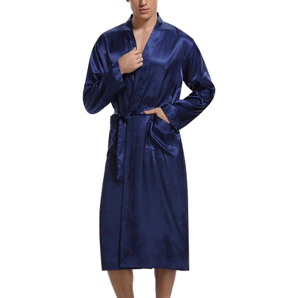 Lange Kimono Heren Badjas - Lange Spa Robe - Luxe Zachte Loungewear - Sleepwear - Met Lange Mouwen En Riem - Sjaalkraag - Zijdezacht En Fijn Materiaal - Middernacht Blauw