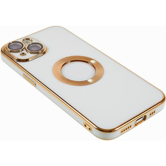 Back Cover Hoes - Geschikt Voor Apple iPhone 14 - Achterkant Hoesje met Zichtbaar Logo - Zachte Siliconen Hoes - Volledige Cameralens Bescherming - Telefoonhoesje - Flexibel - Unisex - Goudkleurig / Wit