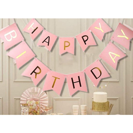 Happy Birthday Feest Pakket - Met Banner En Ballonnen - Verjaardag Garland - Feestdecoraties - Inclusief 5 Ballonnen En Lint - Roze