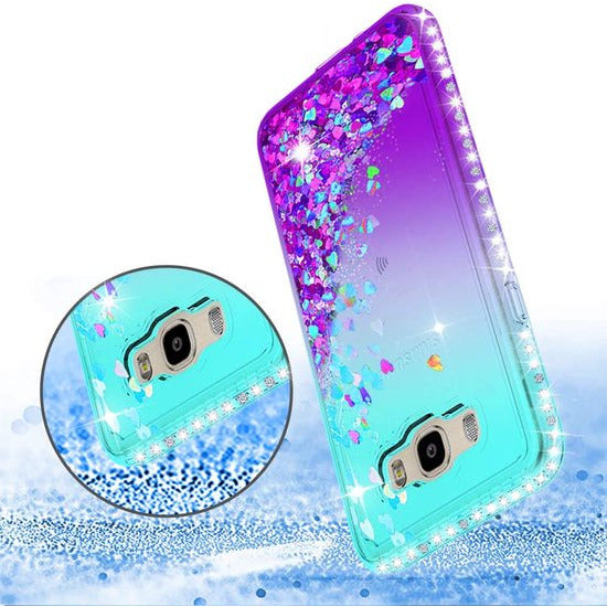 Bewegende - 3D Glitter Hoesje en Schermbeschermer Pakket - Geschikt Voor Galaxy J5 2016 - Hoesje met Gehard Glas - 2 Stuks Gehard Glas - Bewegende Vloeibare Siliconengel Hoes - Transparant - Schokbestendig - Cover Voor J5 2016 J510 - Blauw Paars