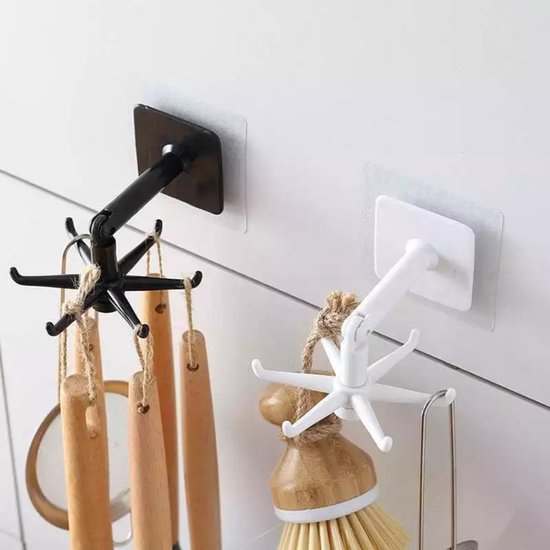 6 Stuks - 360° Roterende Haak - Multifunctionele Flip Haak - 180 Graden Kantelbaar - Draaiende Keukengerei Houder - 6 Haken Per Kop - Waterdicht - Zelfklevend - Vouwhaak - Muurhaak - Geschikt Voor Badkamer - Keuken - Kantoor - Garage - Handdoek - Wit